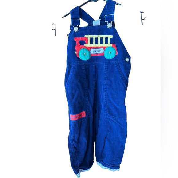 Vintage corduroy toddler Blue Fire Truck patch jumper Overalls 100% cotton 24mos - Picture 2 of 9